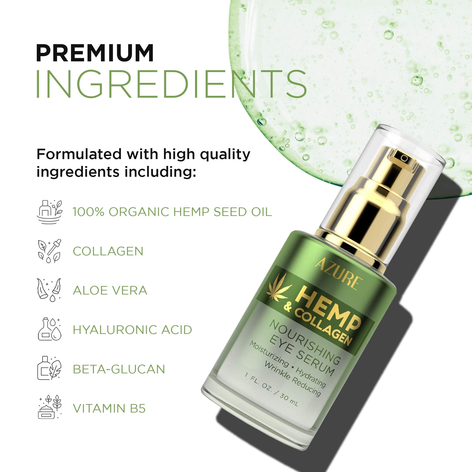 Azure Cosmetics Hemp & Collagen Nourishing Eye Serum – Hydrating, Firming & Toning (30mL) Made in Korea