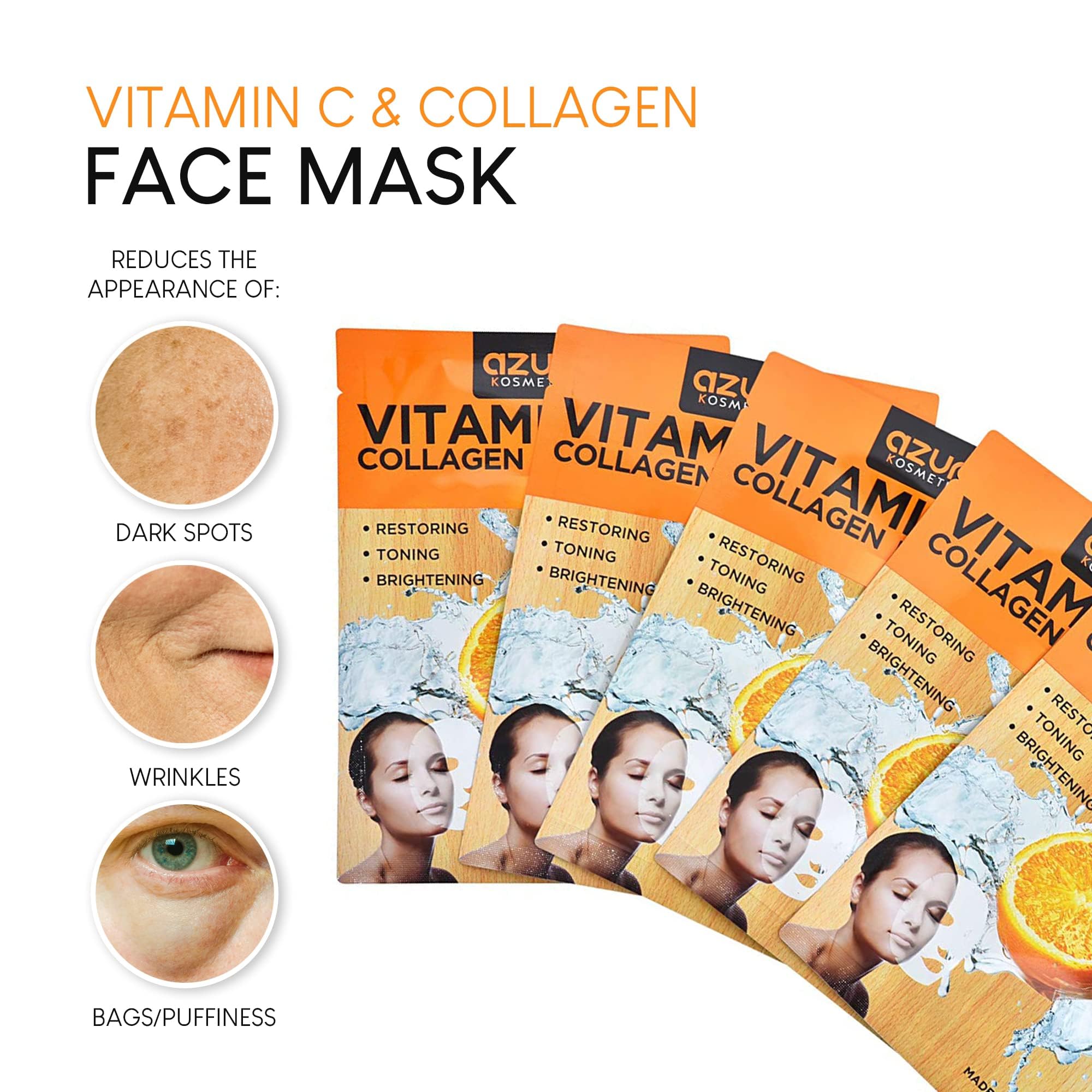 Azure Cosmetics Vitamin C & Collagen Face Mask - Hydration, Radiance & Elasticity - Pack of 5