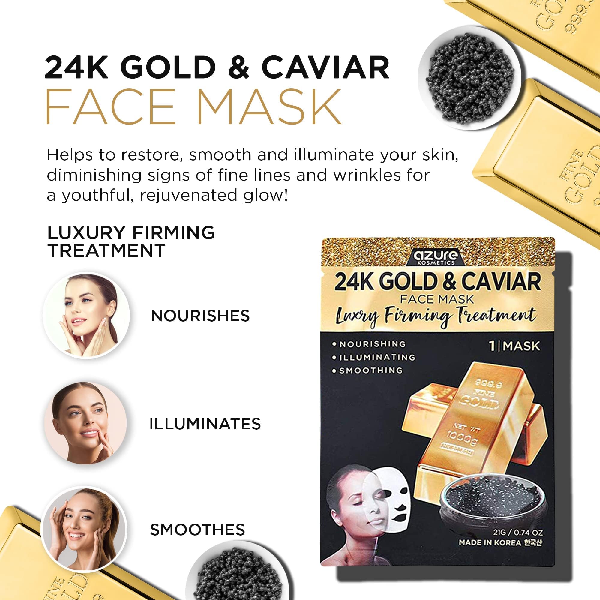 Azure Cosmetics 24K Gold & Caviar Anti-Aging Luxury Face Mask – Hydrating & Firming (Pack of 5)