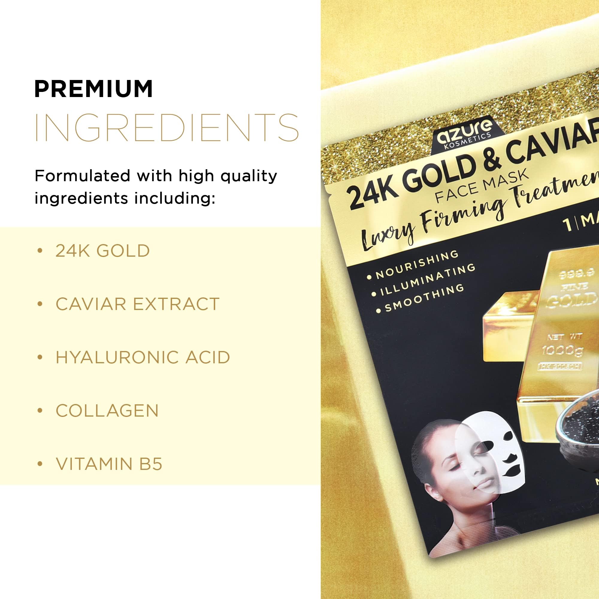 Azure Cosmetics 24K Gold & Caviar Anti-Aging Luxury Face Mask – Hydrating & Firming (Pack of 5)