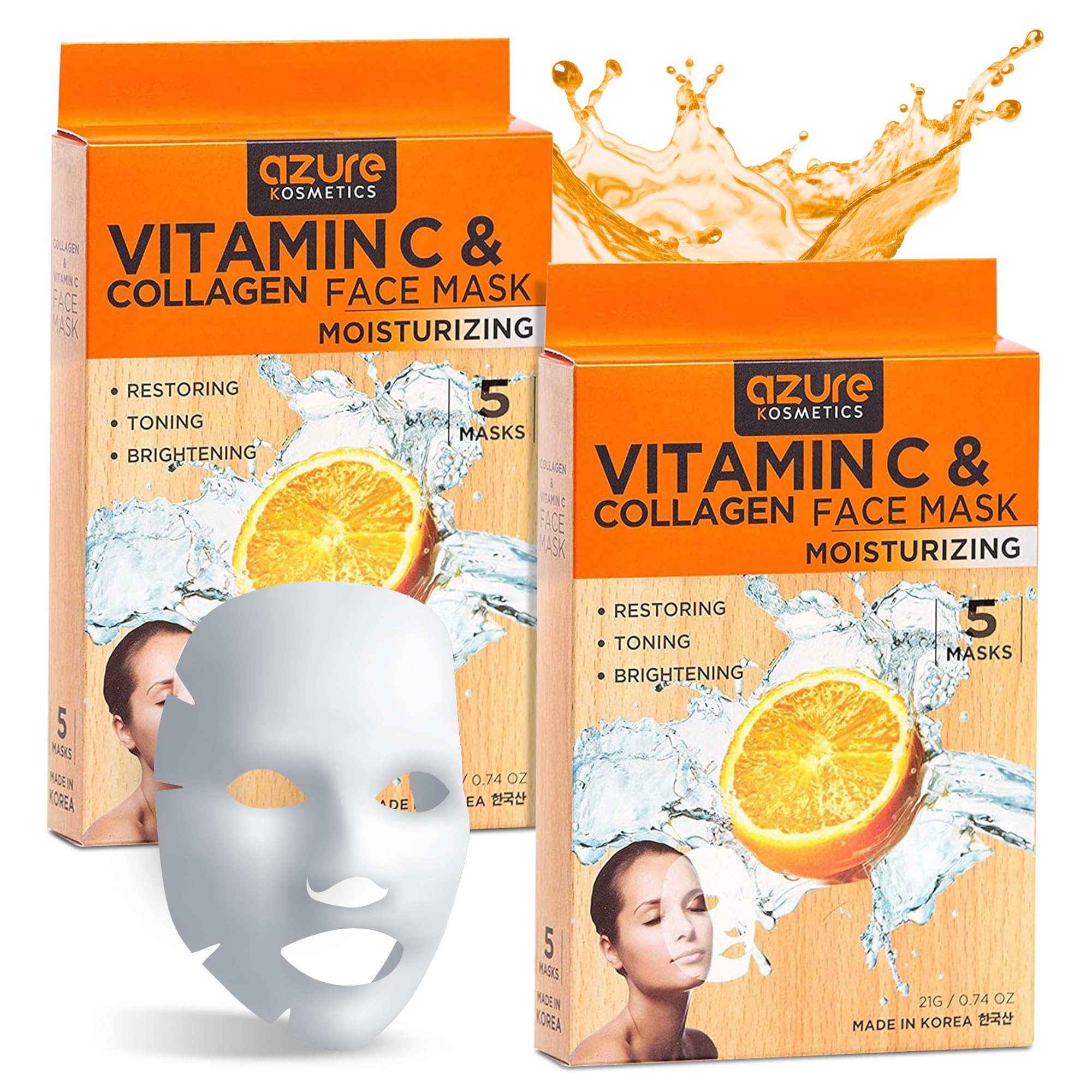 Azure Cosmetics Vitamin C & Collagen Face Mask - Hydration, Radiance & Elasticity - Pack of 5