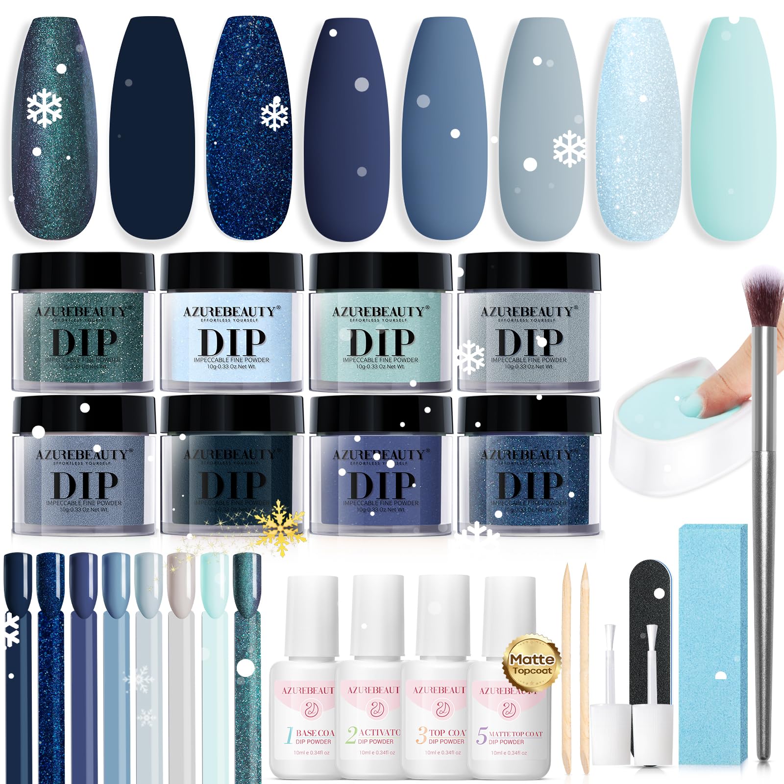 AzureBeauty 30Pcs Dip Powder Nail Kit Starter – 8 Colors, Matte Top Coat