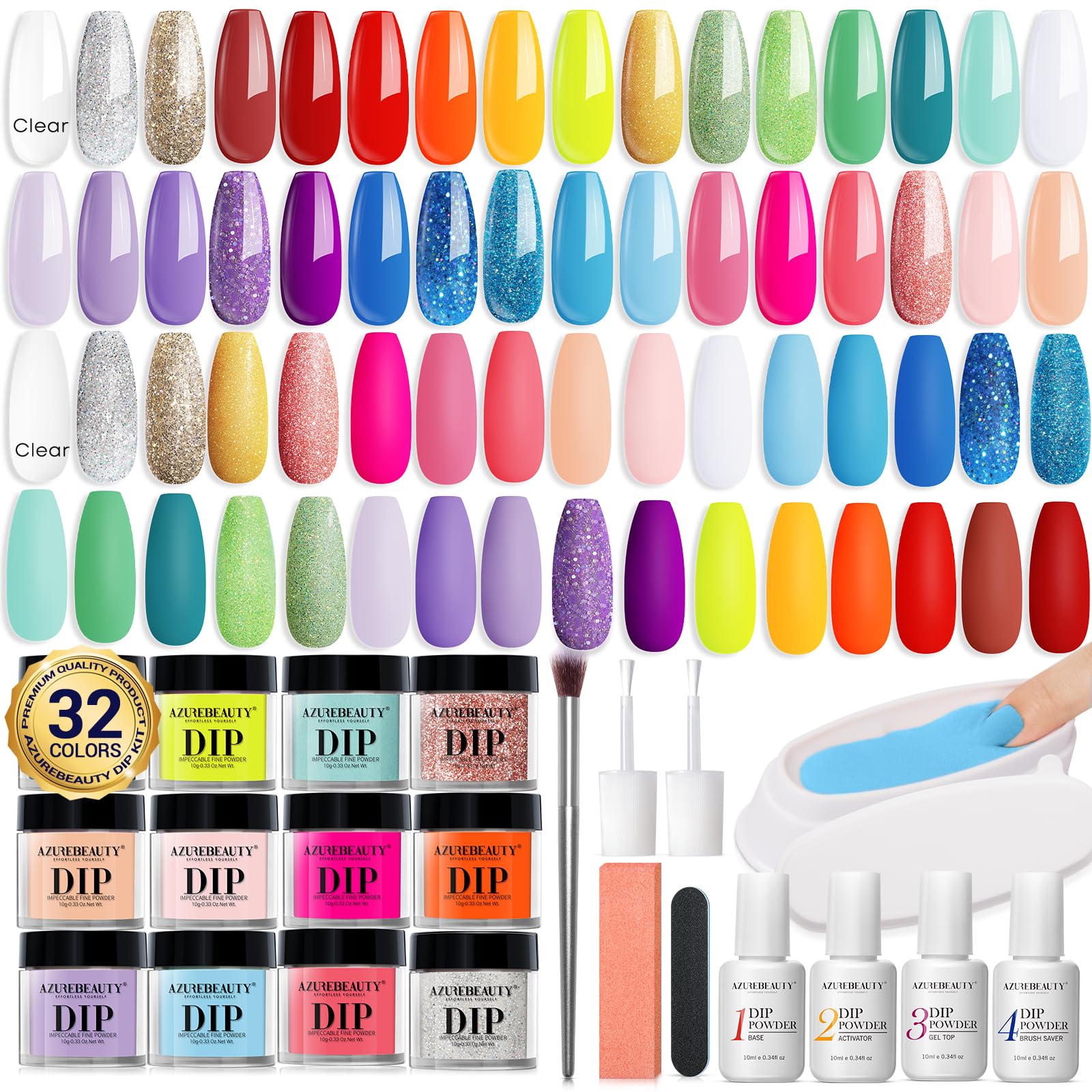 AZUREBEAUTY 42Pcs Dip Powder Kit Starter – 32 Colors, No Lamp Needed, Top/Base/Activator