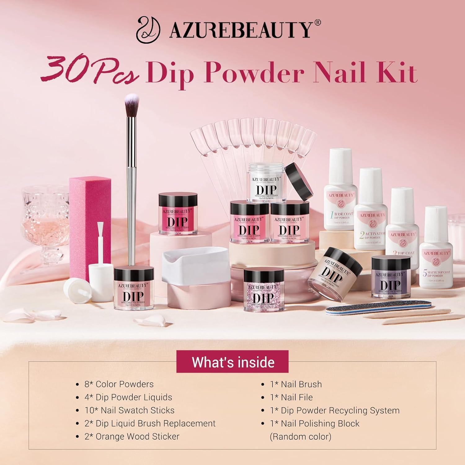 AZUREBEAUTY Dip Powder Nail Kit Starter Pink Blue Palette – 30Pcs, Lamp-Free DIY Nails