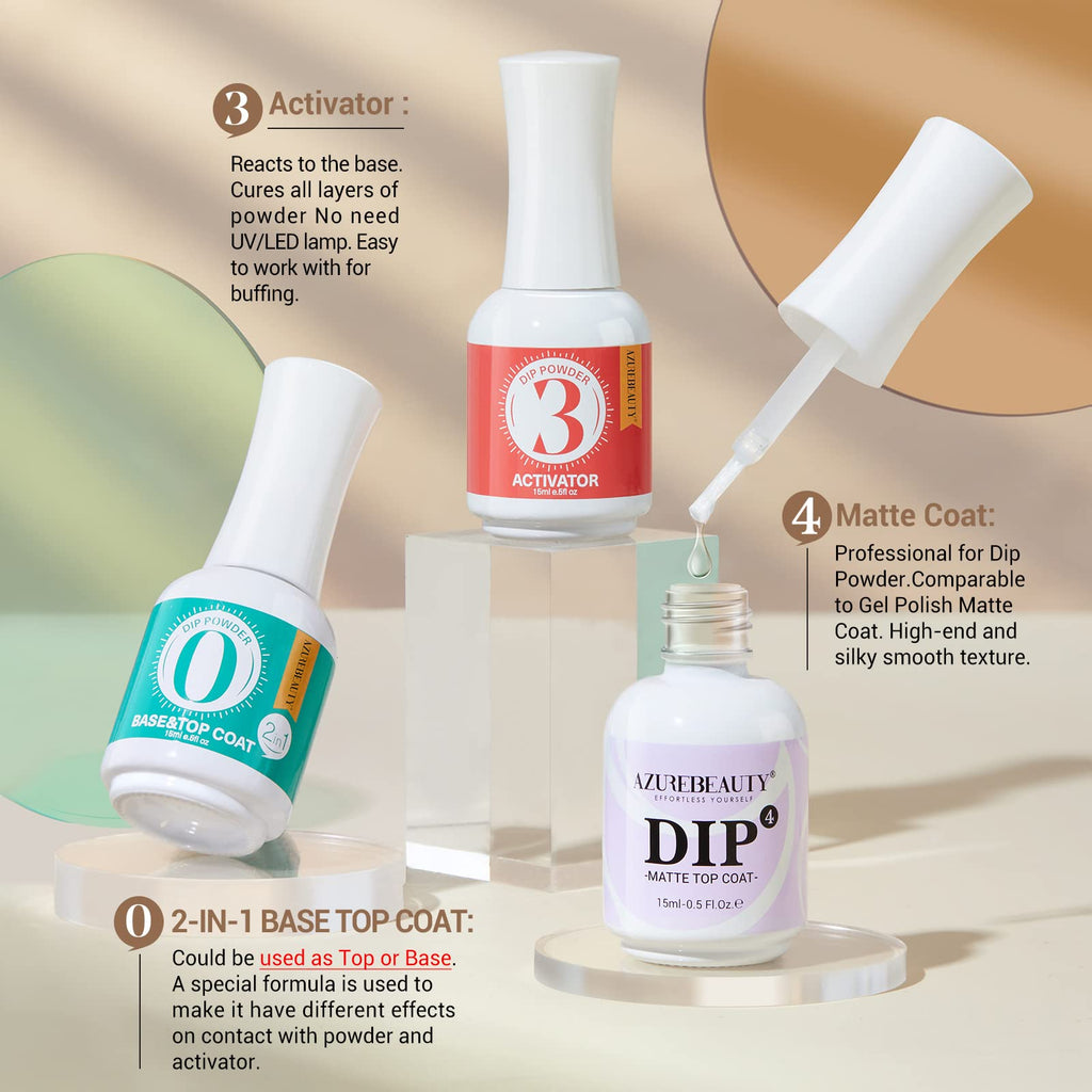 AZUREBEAUTY Dip Powder Liquid Set – Base & Top Coat, Activator, Matte Top Coat (15 ml) • Fast Dry, No Lamp Needed