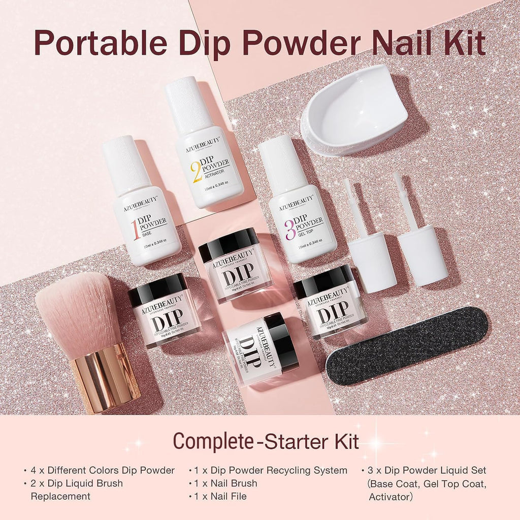 AZUREBEAUTY Dip Powder Nail Kit Starter – 4 Colors, No Lamp Needed, DIY at Home