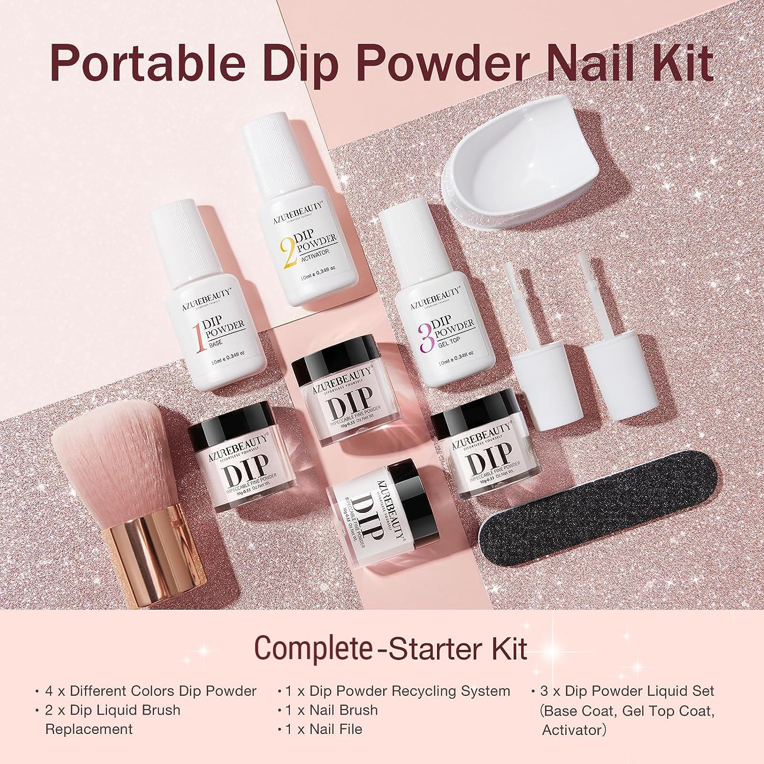 AZUREBEAUTY Dip Powder Nail Kit Starter – 4 Colors, No Lamp Needed, DIY at Home