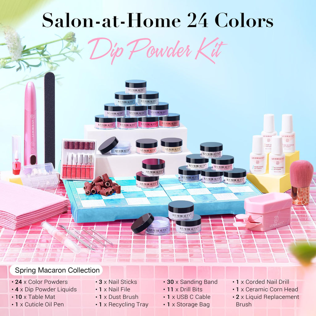AZUREBEAUTY Dip Powder Nail Kit with Electric Drill – 24 Macaron Colors