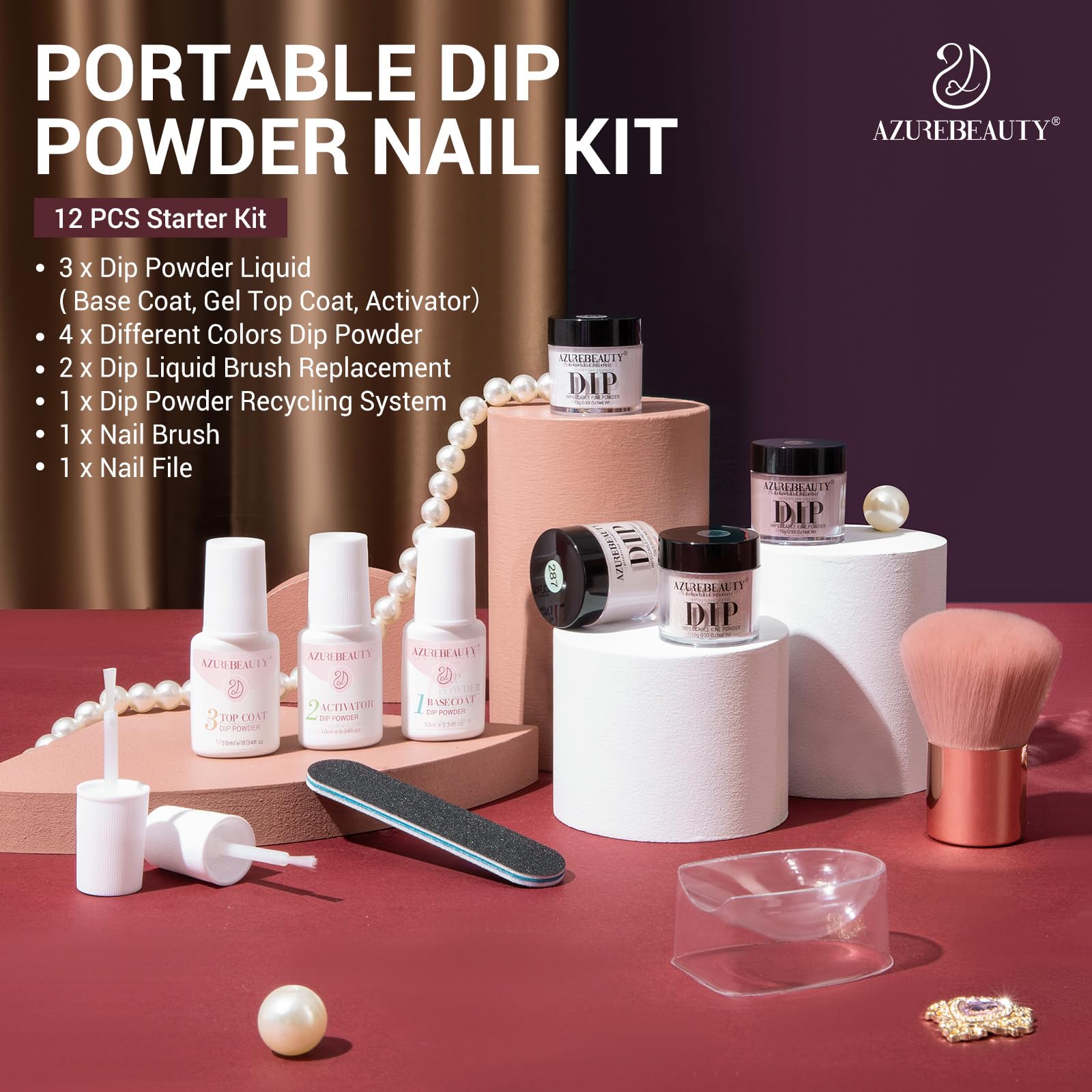 AZUREBEAUTY Dip Powder Nail Starter Kit White Mauve Glitter Champagne – 4 Colors, No Lamp Needed