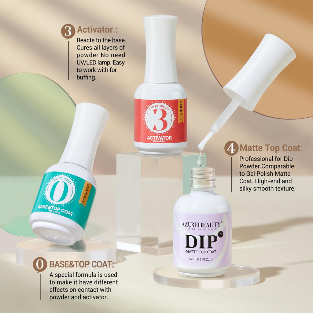 AZUREBEAUTY Dip Powder Liquid Set – Base & Top Coat, Activator, Matte Top Coat (15 ml) • Fast Dry, No Lamp Needed
