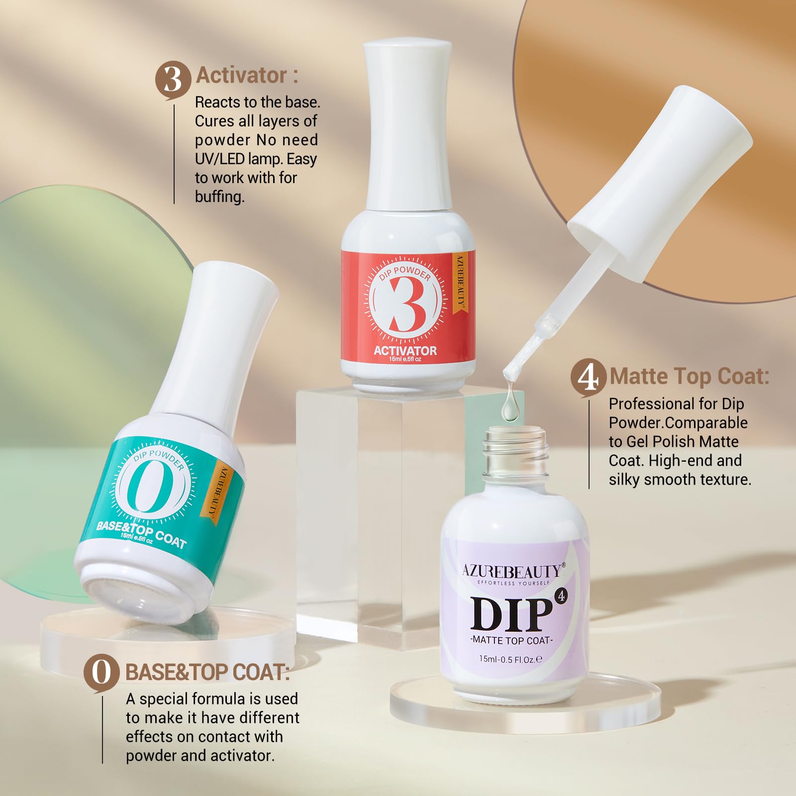 AZUREBEAUTY Dip Powder Liquid Set – Base & Top Coat, Activator, Matte Top Coat (15 ml) • Fast Dry, No Lamp Needed