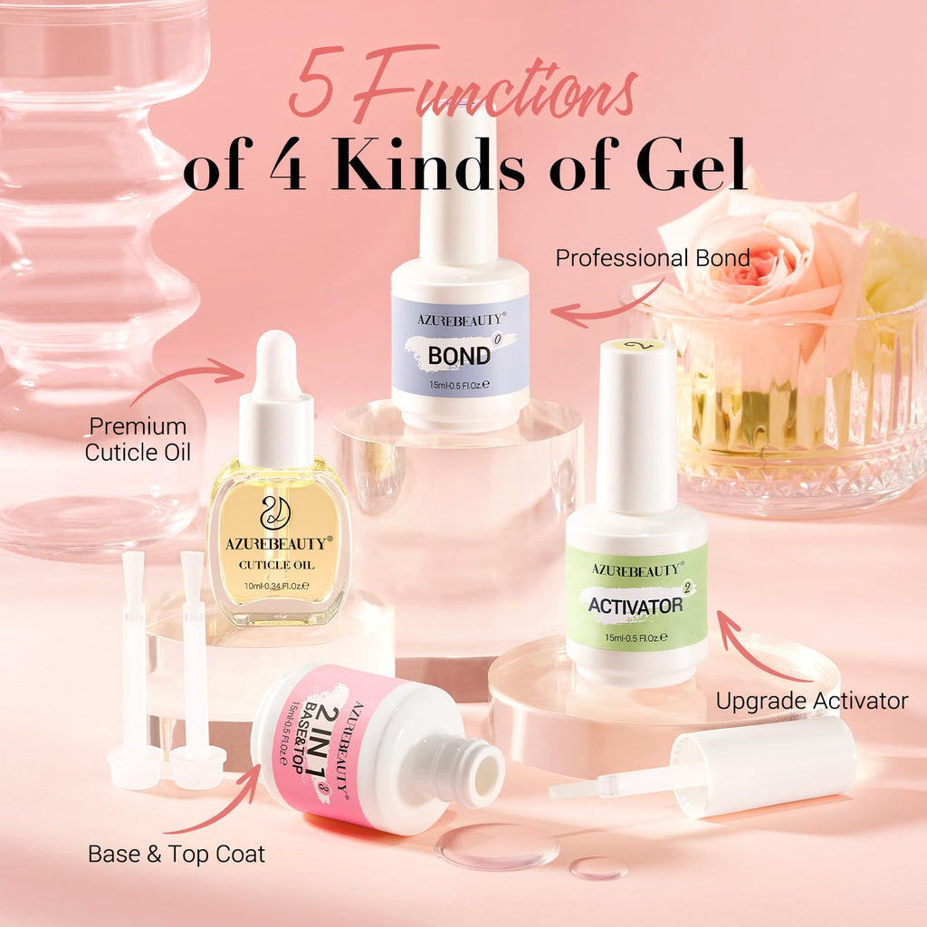 AZUREBEAUTY Dip Powder Liquid Set – Base, Top Coat, Activator, Bond & Cuticle Oil (15ml) – No Lamp Required
