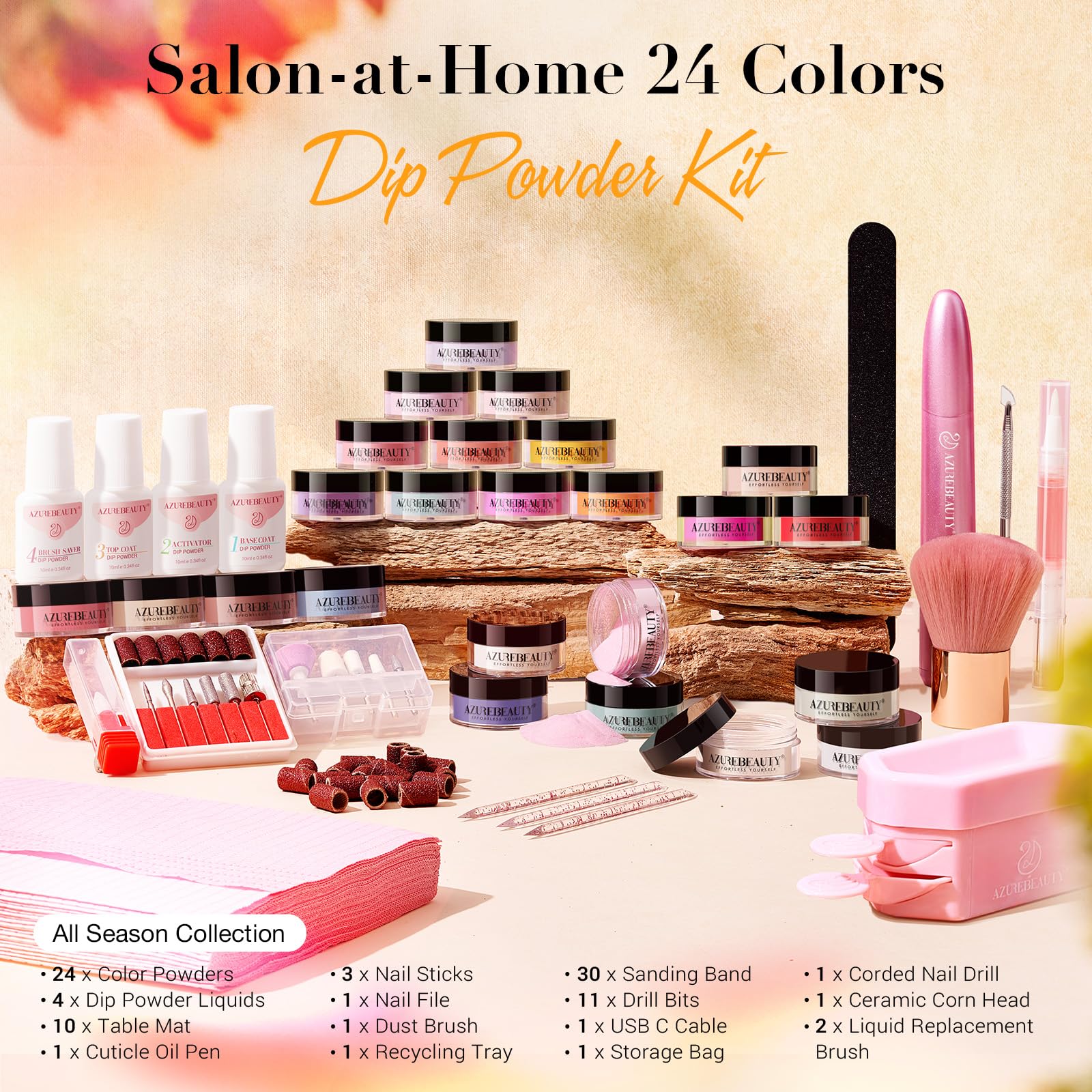 AZUREBEAUTY Dip Powder Nail Kit with Electric Drill – 24 Colors