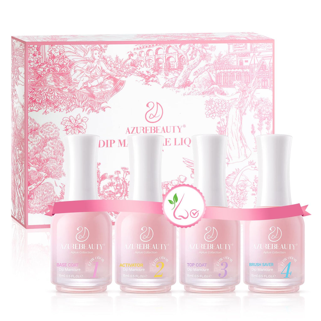 AZUREBEAUTY Dip Powder Liquid Set – 4Pcs Base, Top Coat, Activator, Brush Saver (15ml/0.5oz) – No Lamp Needed