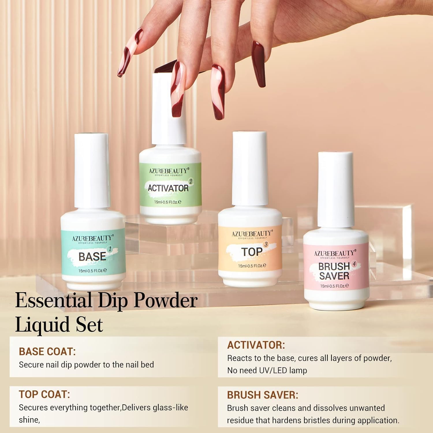 AZUREBEAUTY Dip Powder Liquid Set 15ml/0.5oz - 8 Pcs Base Top Coat Activator Kit No Lamp Needed