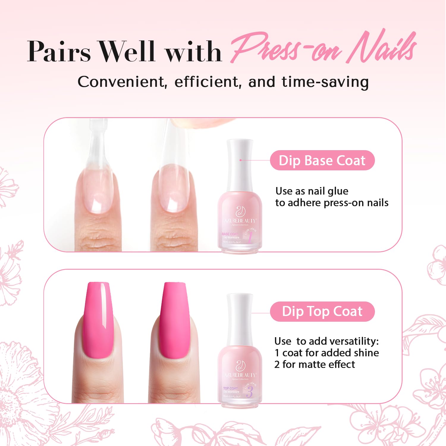 AZUREBEAUTY Dip Powder Liquid Set – 4Pcs Base, Top Coat, Activator, Brush Saver (15ml/0.5oz) – No Lamp Needed