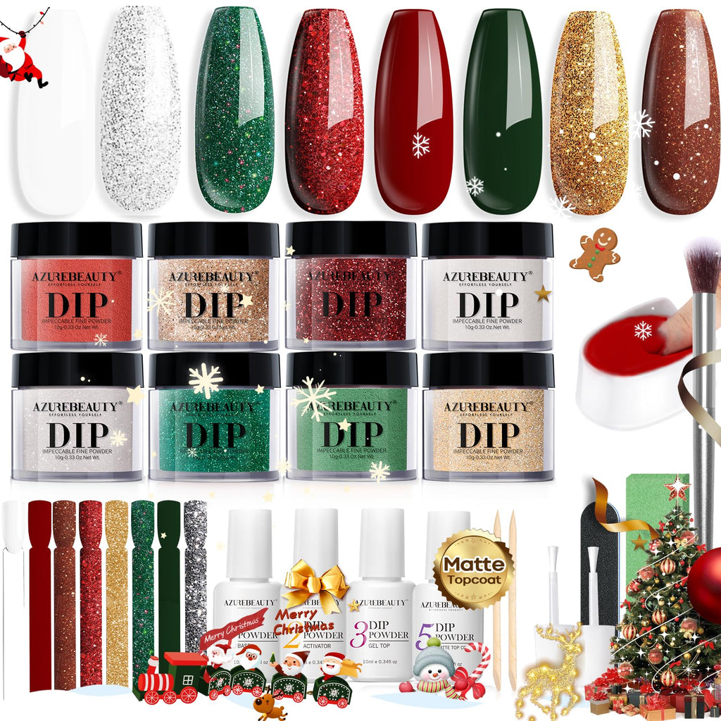 AZUREBEAUTY 30Pcs Dip Powder Nail Kit Starter — 8 Colors (Green, Red, Gold, Silver, White), Matte Top Coat, No Lamp Needed