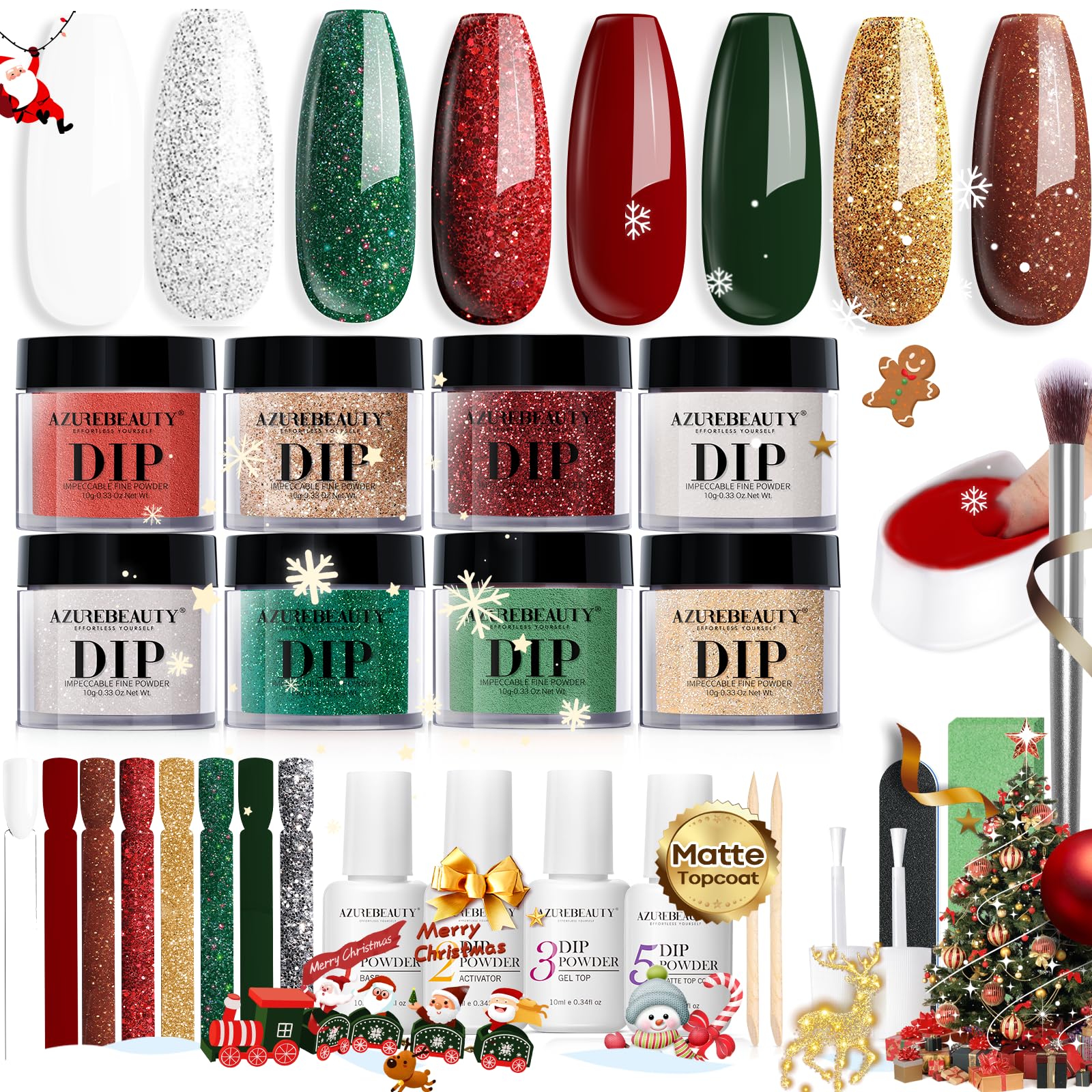 AZUREBEAUTY 30Pcs Dip Powder Nail Kit Starter — 8 Colors (Green, Red, Gold, Silver, White), Matte Top Coat, No Lamp Needed