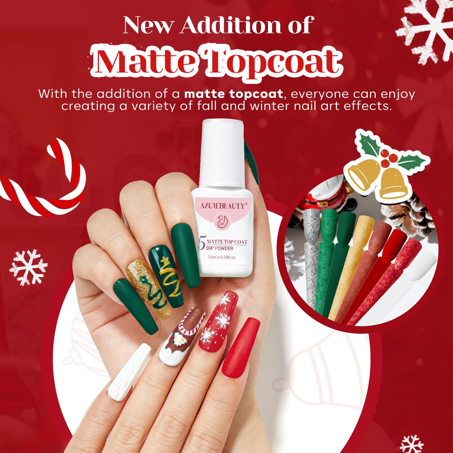 AZUREBEAUTY 30Pcs Dip Powder Nail Kit Starter — 8 Colors (Green, Red, Gold, Silver, White), Matte Top Coat, No Lamp Needed