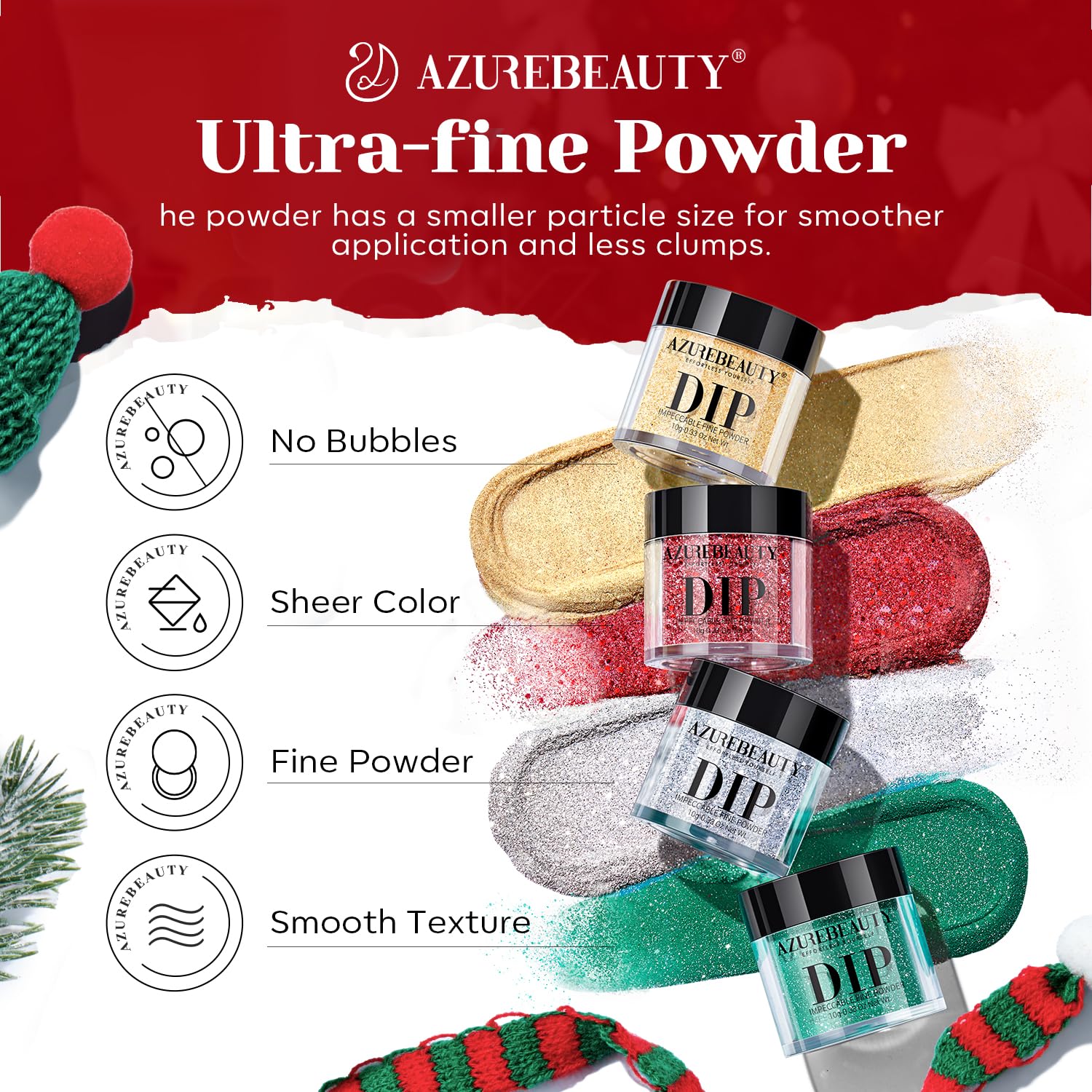 AZUREBEAUTY 30Pcs Dip Powder Nail Kit Starter — 8 Colors (Green, Red, Gold, Silver, White), Matte Top Coat, No Lamp Needed