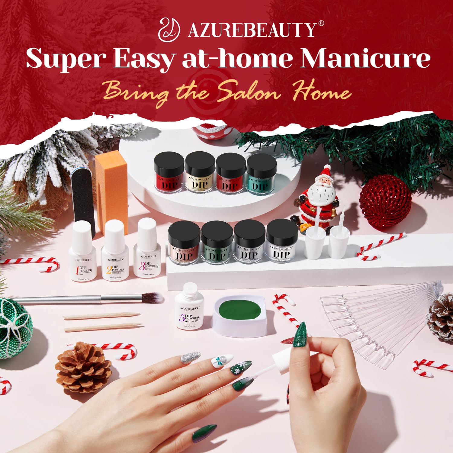 AZUREBEAUTY 30Pcs Dip Powder Nail Kit Starter — 8 Colors (Green, Red, Gold, Silver, White), Matte Top Coat, No Lamp Needed