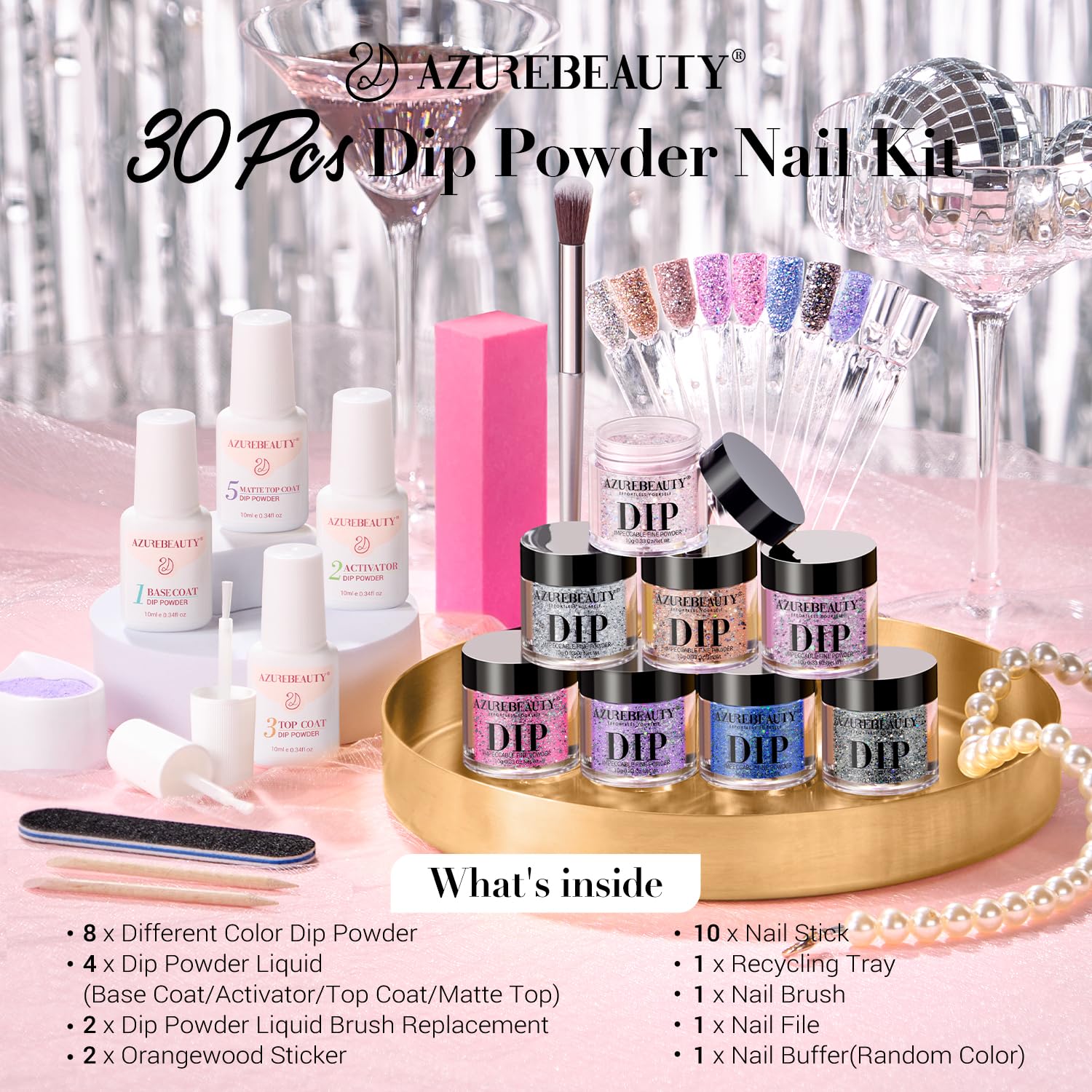 AZUREBEAUTY Dip Nails Powder Starter Kit — 8 Colors, 30 Pcs, No Lamp Needed