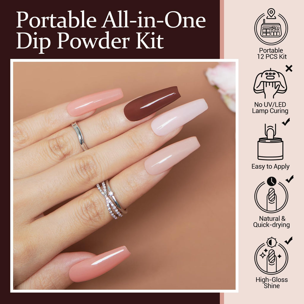 AZUREBEAUTY Dip Powder Nail Kit Starter – 4 Skin-Tone Nude Browns + Base/Top/Activator