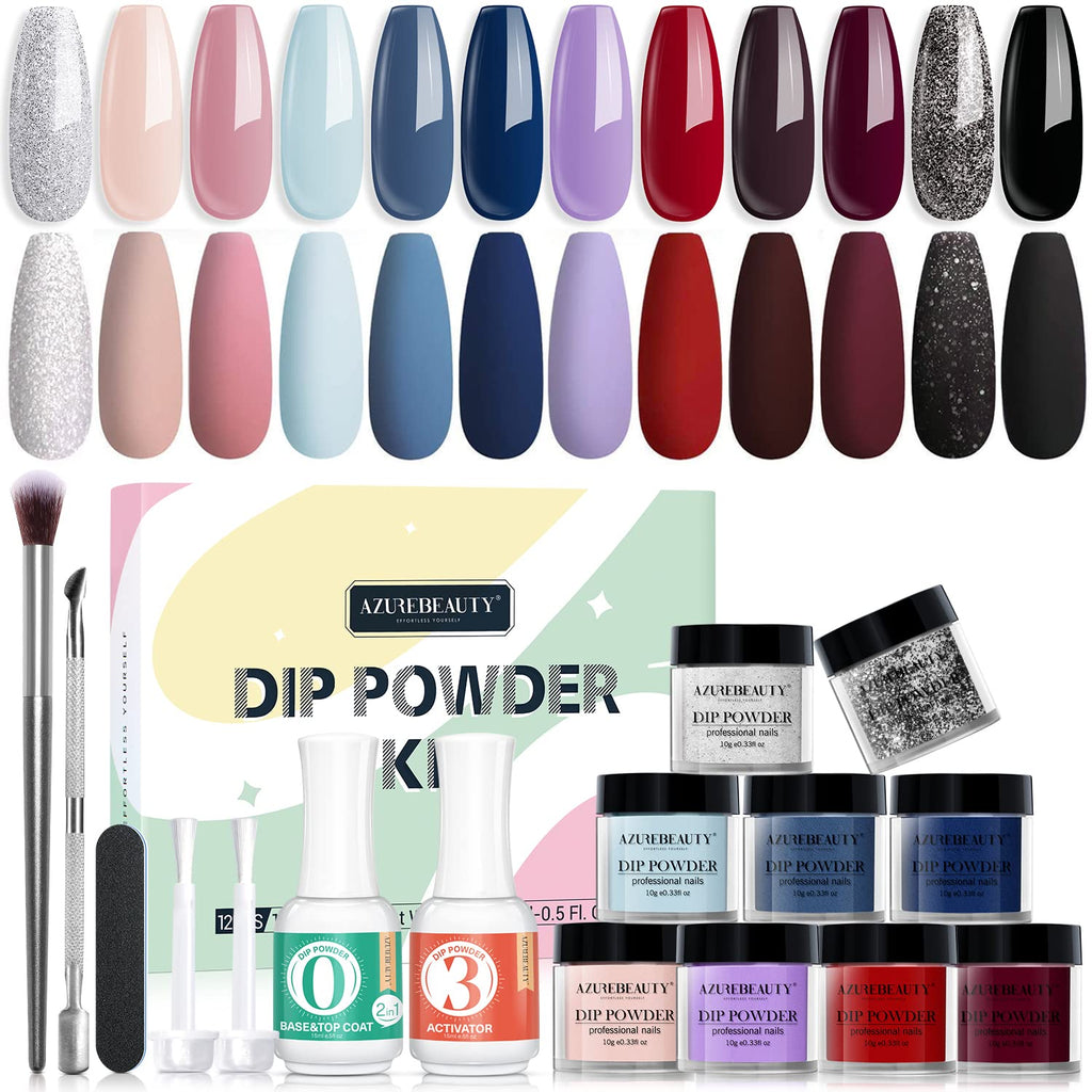 AZUREBEAUTY 19Pcs Dip Powder Nail Kit Starter — 12 Colors, Base/Top Coat & Activator