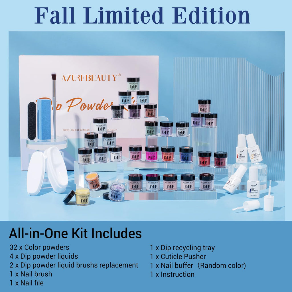 AZUREBEAUTY Dip Powder Nail Kit – 32 Colors, No Lamp Needed, Long-Lasting Shine