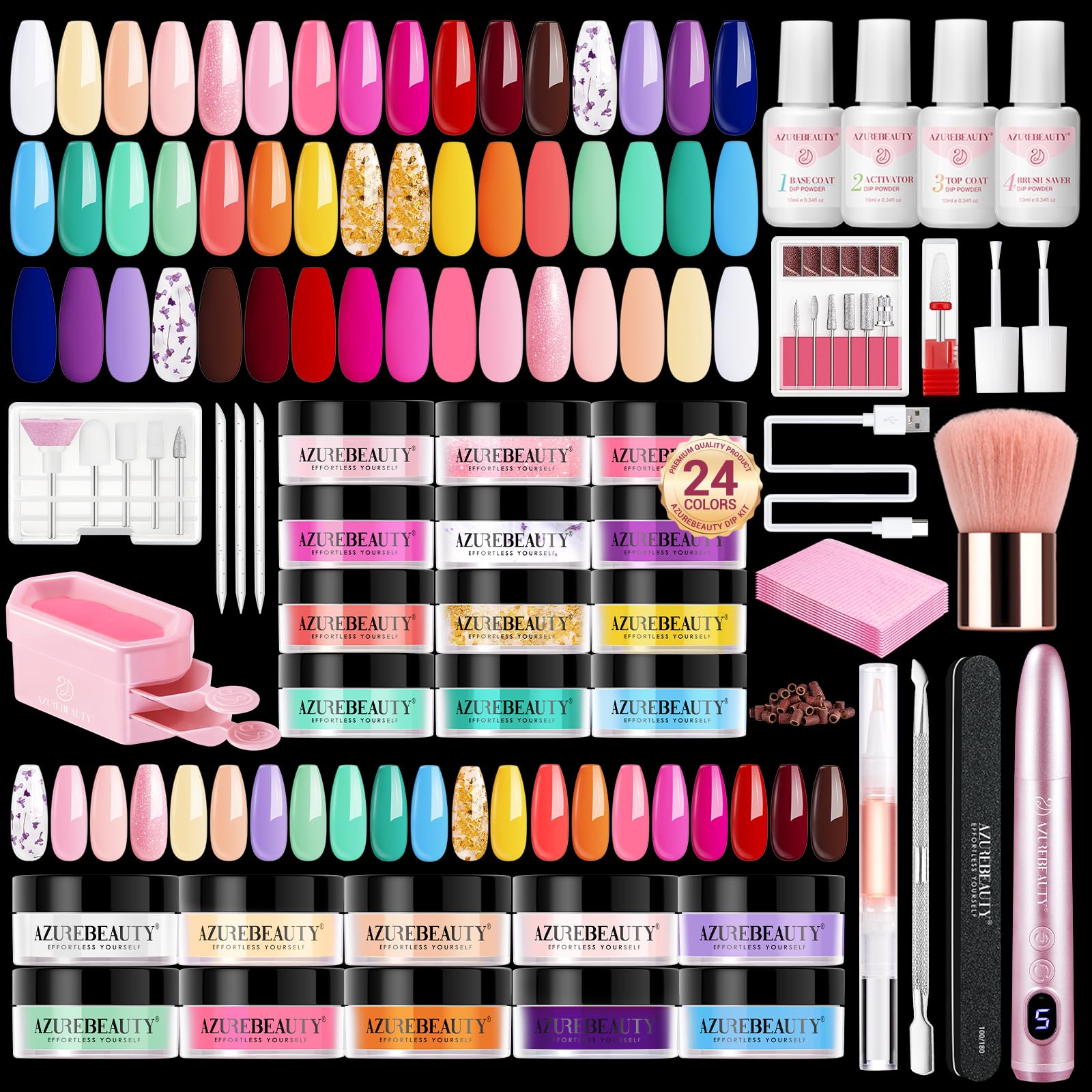 AZUREBEAUTY Dip Powder Nail Kit with Electric Drill – 24 Colors