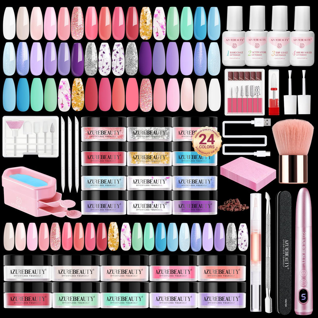 AZUREBEAUTY Dip Powder Nail Kit with Electric Drill – 24 Macaron Colors