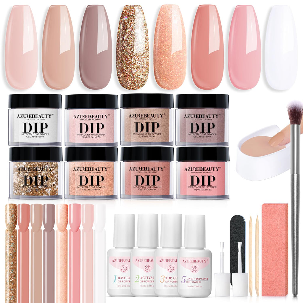 AZUREBEAUTY 30Pcs Dip Powder Nail Kit Starter with 8 Colors, Matte Top Coat, No Lamp Needed