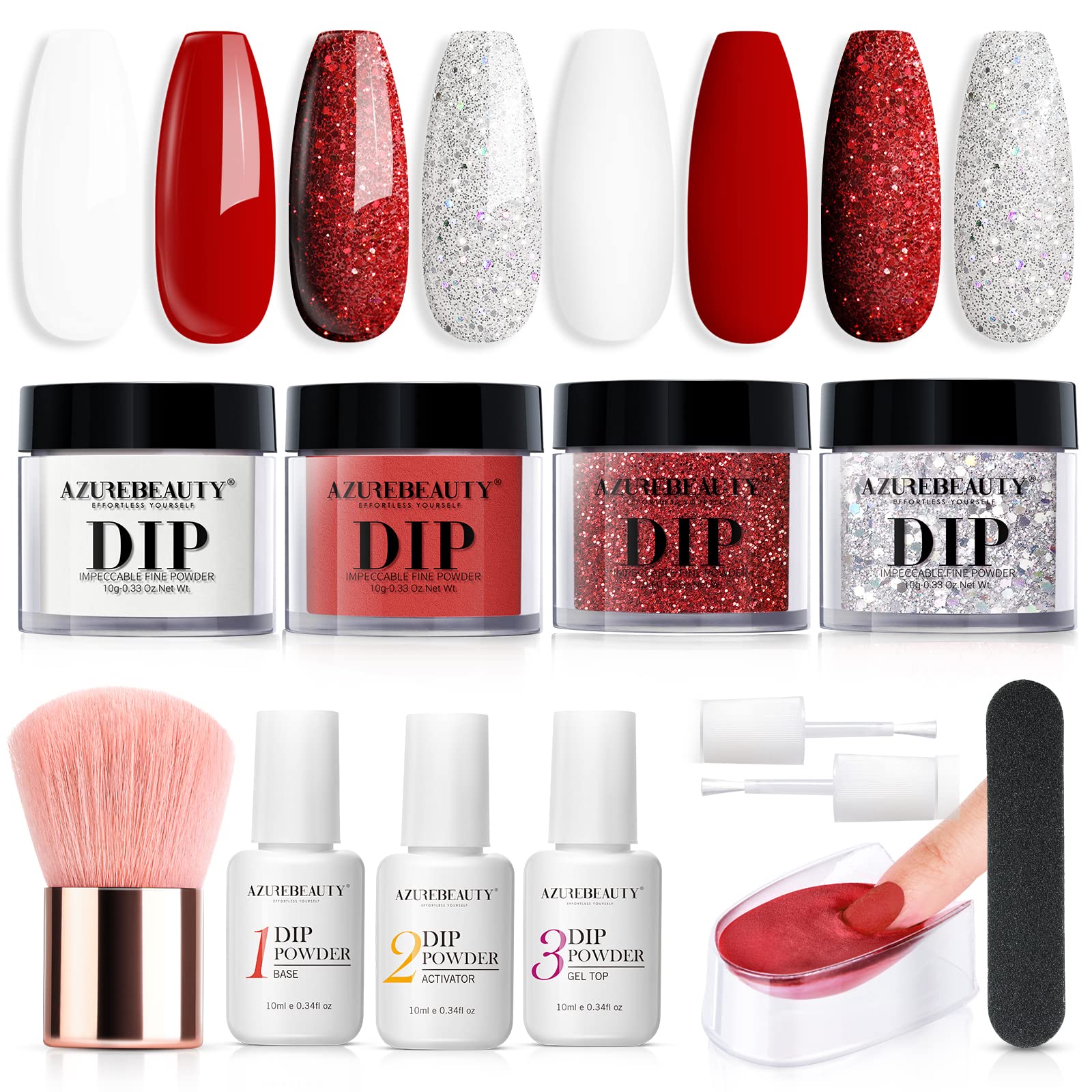 AZUREBEAUTY Dip Powder Nail Kit Berry Red Silver Glitter – 4-Color Dipping Powder Set, No Lamp Needed