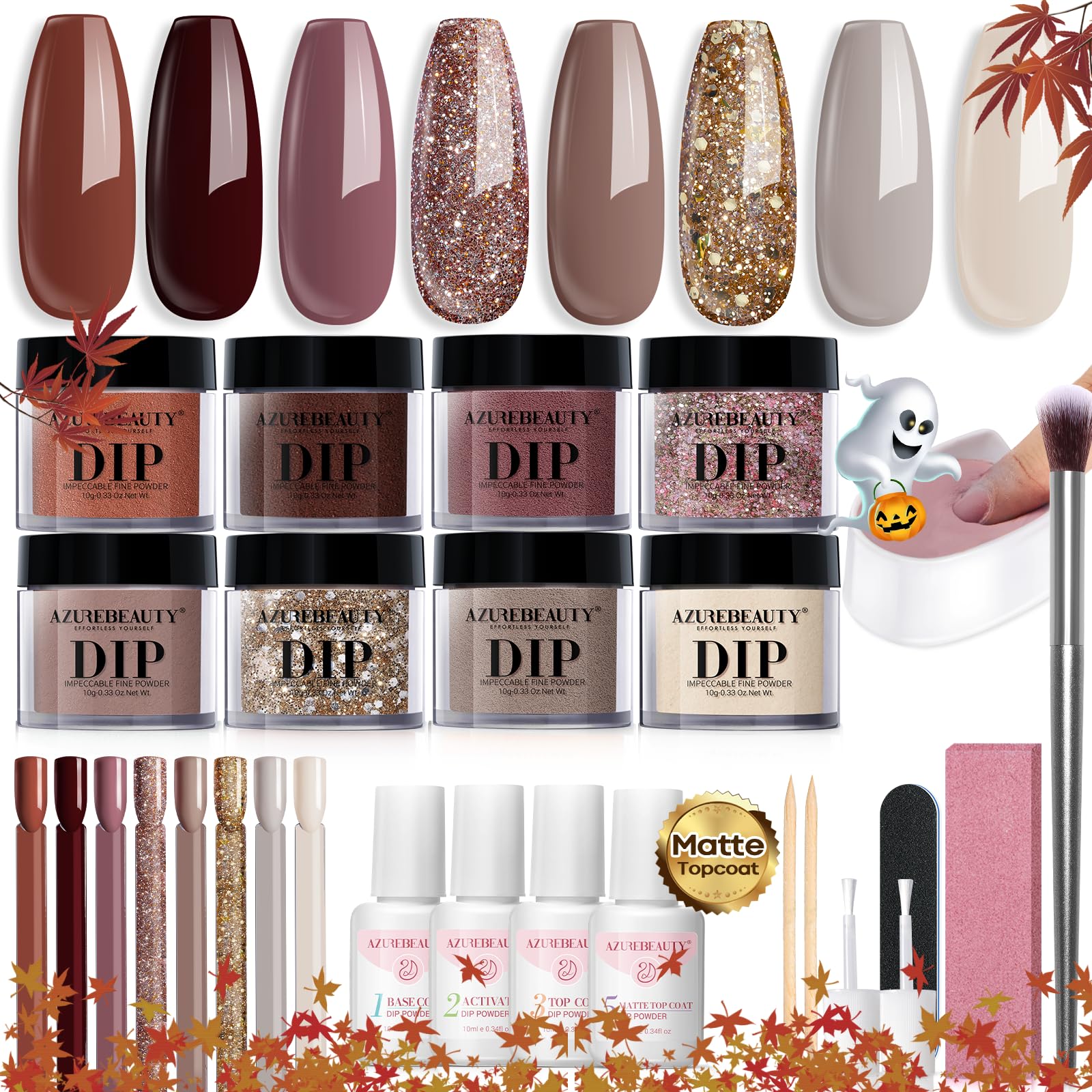 AZUREBEAUTY 30Pcs Dip Powder Nail Kit Starter - 8 Colors, Matte Top Coat, No Lamp Needed