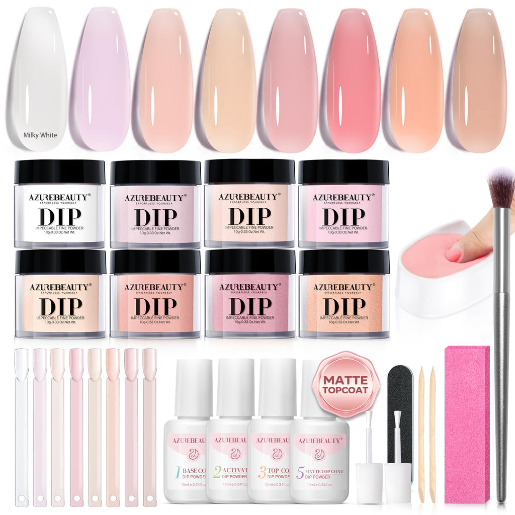 AZUREBEAUTY Dip Powder Nail Kit – 8 Colors, Matte Top Coat, No Lamp Needed, DIY Manicure Set