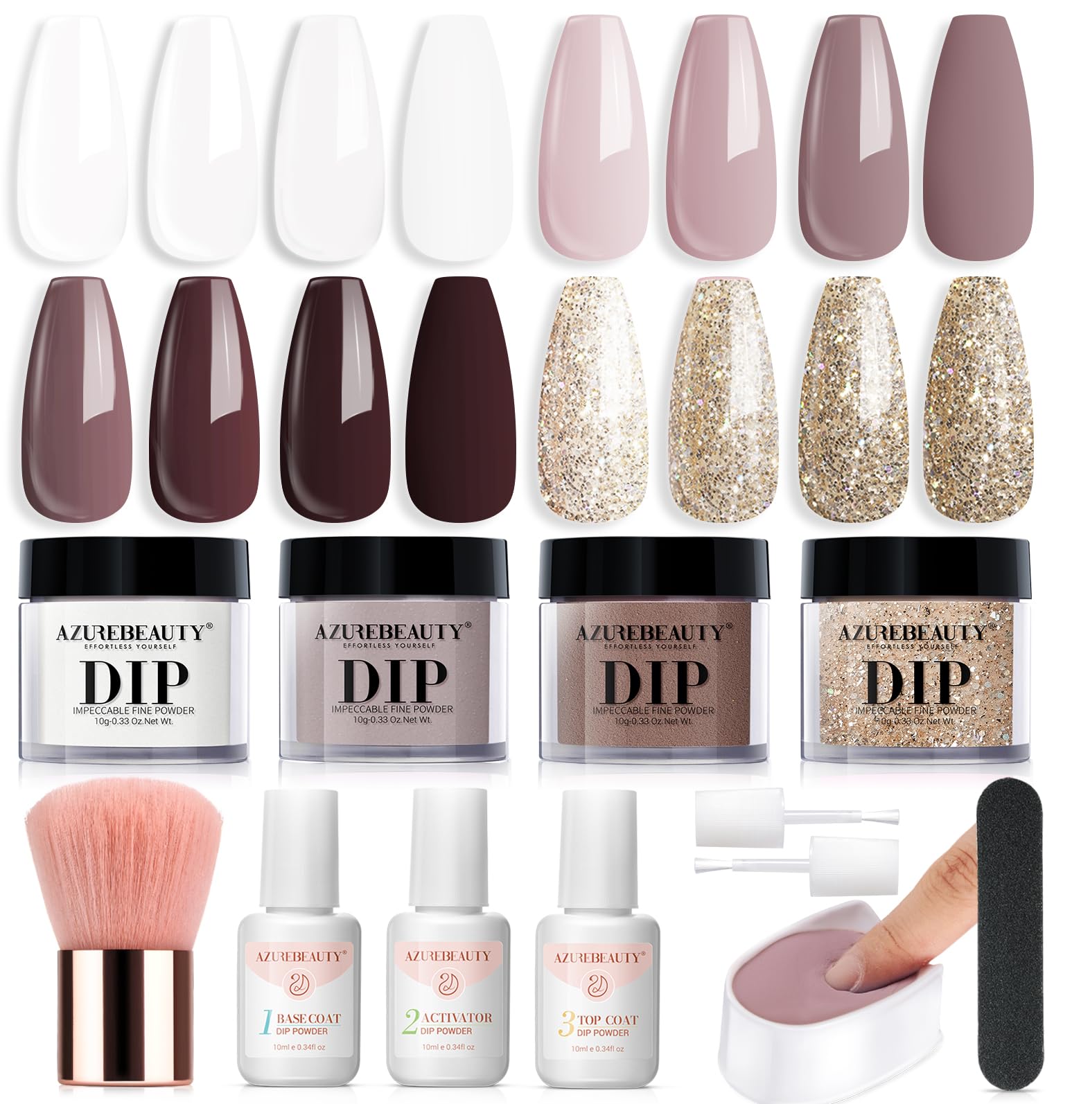 AZUREBEAUTY Dip Powder Nail Starter Kit White Mauve Glitter Champagne – 4 Colors, No Lamp Needed