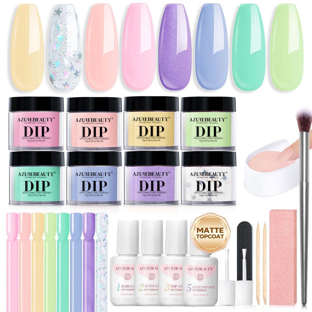 AZUREBEAUTY 30Pcs Dip Powder Kit Starter – 8 Summer Macarons Colors (Pink, Pastel Blue, Green Glitter) + Base/Activator/Matte Top Coat