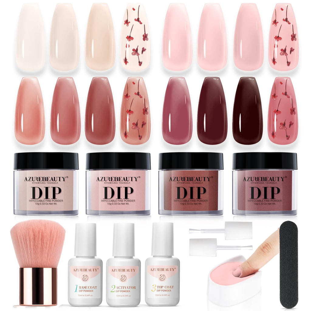 AZUREBEAUTY Dip Powder Nail Kit – 4 Jelly Colors + Dried Flowers, Starter Liquids & Recycling Tray