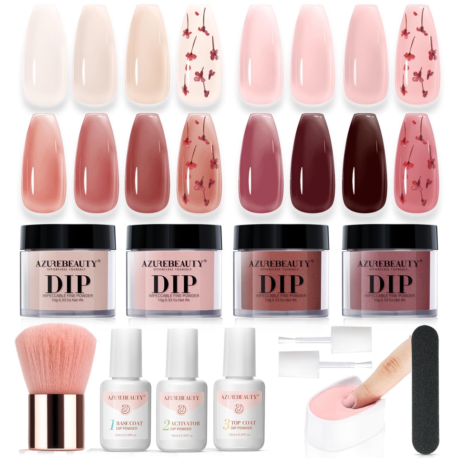 AZUREBEAUTY Dip Powder Nail Kit – 4 Jelly Colors + Dried Flowers, Starter Liquids & Recycling Tray