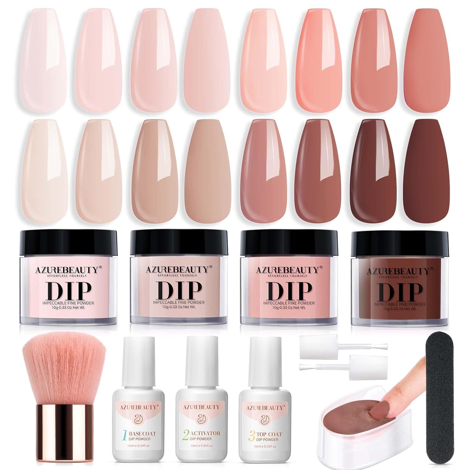 AZUREBEAUTY Dip Powder Nail Kit Starter – 4 Skin-Tone Nude Browns + Base/Top/Activator