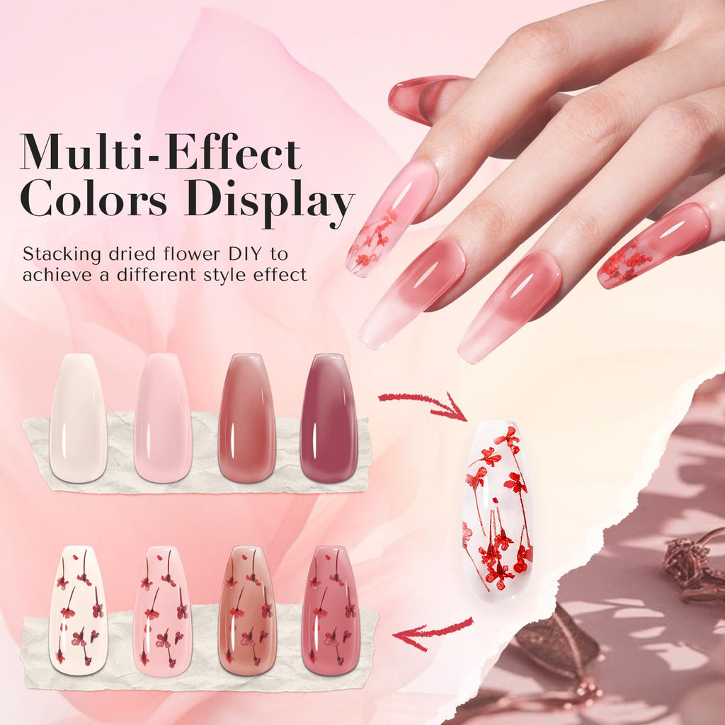 AZUREBEAUTY Dip Powder Nail Kit – 4 Jelly Colors + Dried Flowers, Starter Liquids & Recycling Tray