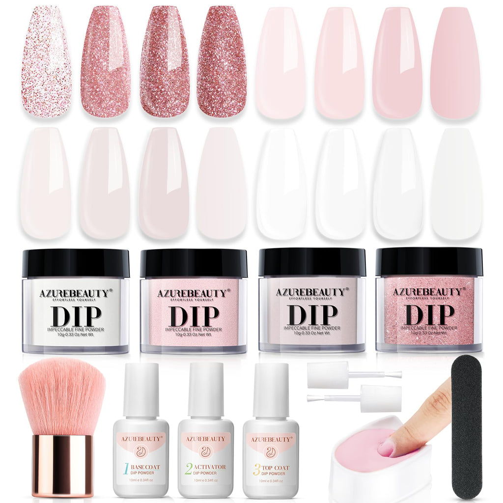 AZUREBEAUTY Dip Powder Nail Kit Starter — 4-Color Glitter & Nude Set with Base, Top & Activator