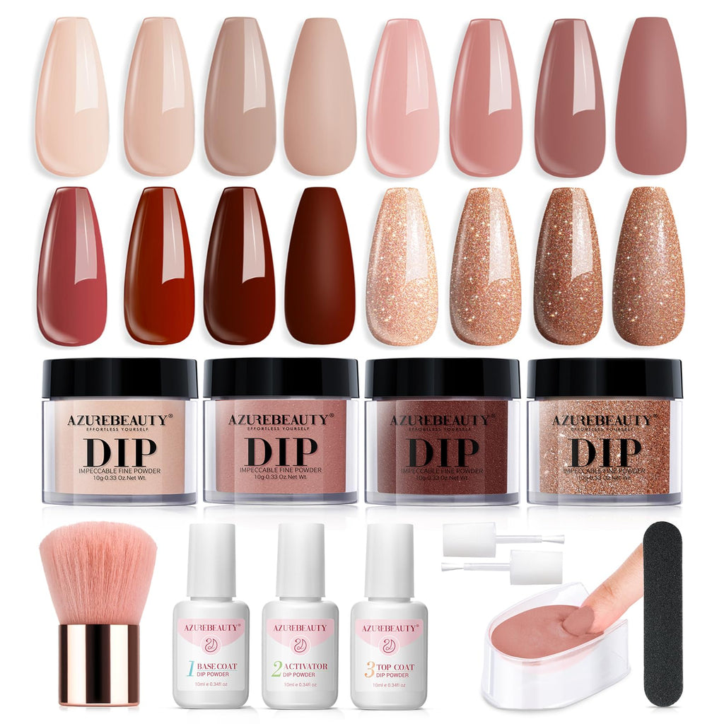 AZUREBEAUTY Dip Powder Nail Kit Starter — 4 Colors, No-Lamp, 12 Pcs with Base/Top Coat & Activator