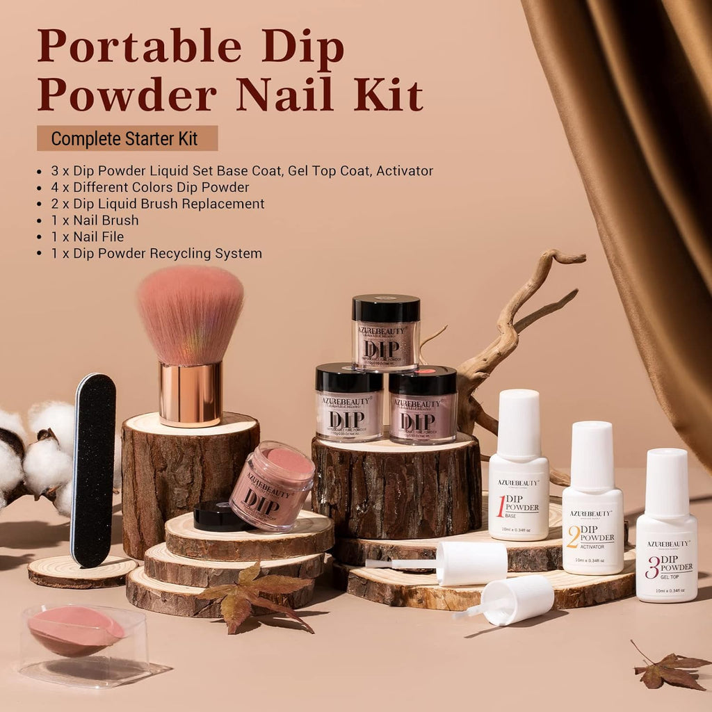 AZUREBEAUTY Dip Powder Nail Kit Starter — 4 Colors, No-Lamp, 12 Pcs with Base/Top Coat & Activator