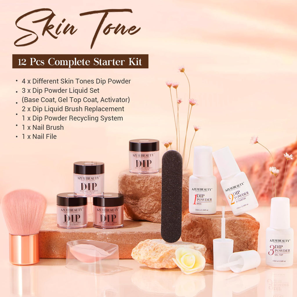 AZUREBEAUTY Dip Powder Nail Kit Starter – 4 Skin-Tone Nude Browns + Base/Top/Activator