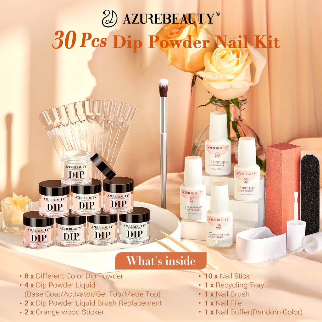 AZUREBEAUTY 30Pcs Dip Powder Nail Kit Starter with 8 Colors, Matte Top Coat, No Lamp Needed