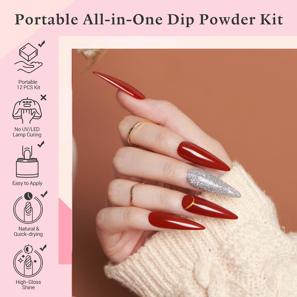 AZUREBEAUTY Dip Powder Nail Kit Berry Red Silver Glitter – 4-Color Dipping Powder Set, No Lamp Needed