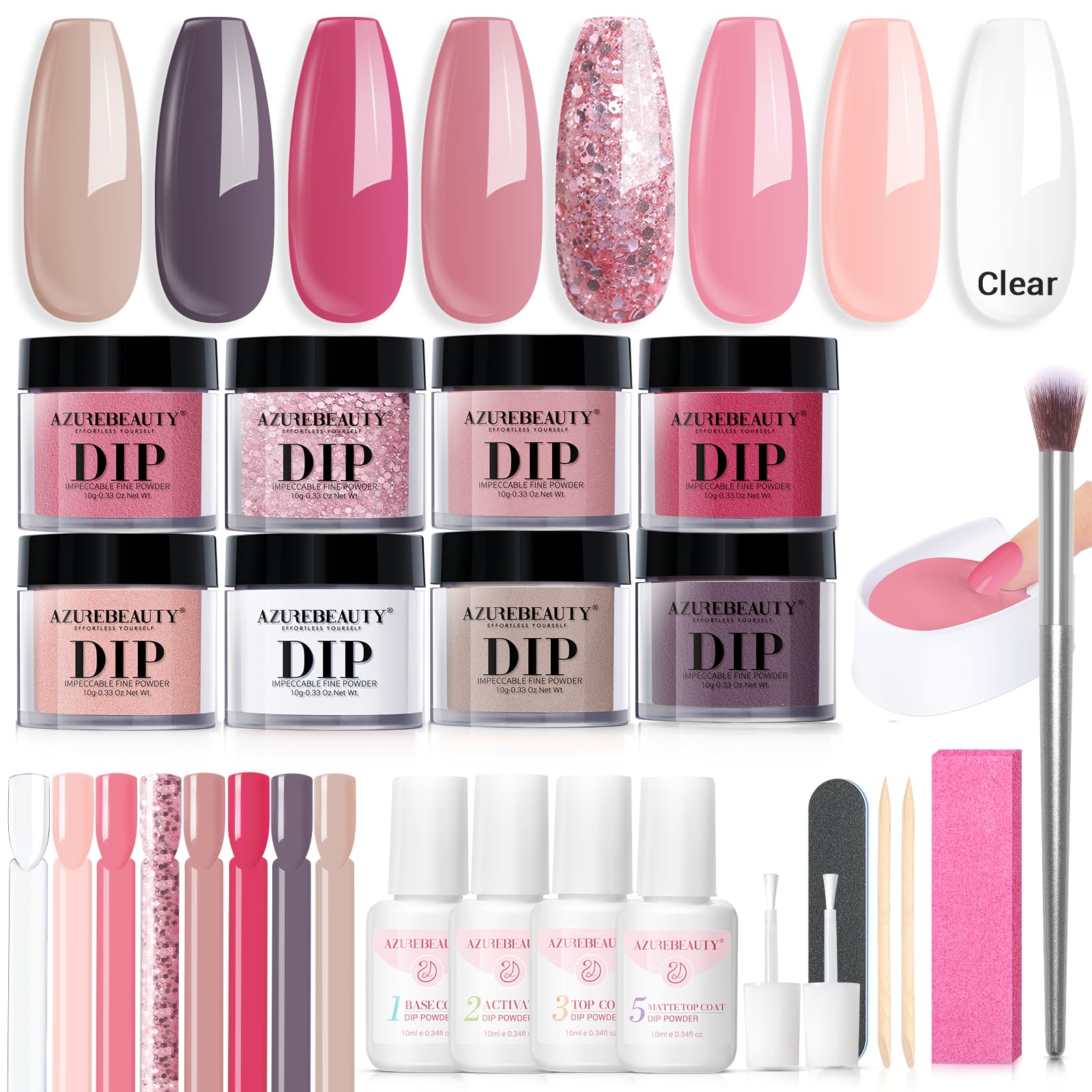 AZUREBEAUTY Dip Powder Nail Kit Starter Pink Blue Palette – 30Pcs, Lamp-Free DIY Nails