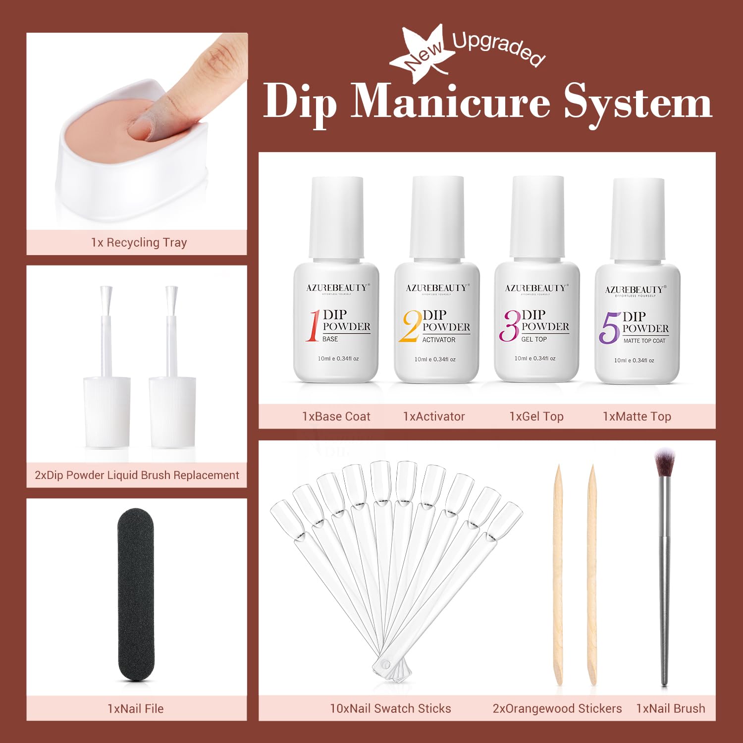 AZUREBEAUTY 30Pcs Dip Powder Nail Kit Starter - 8 Colors, Matte Top Coat, No Lamp Needed