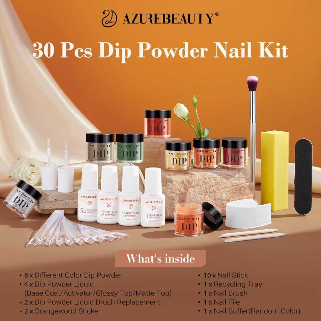 AZUREBEAUTY Dip Nails Powder Starter Kit – 8-Color Fall Set, No Lamp Needed, DIY Mani